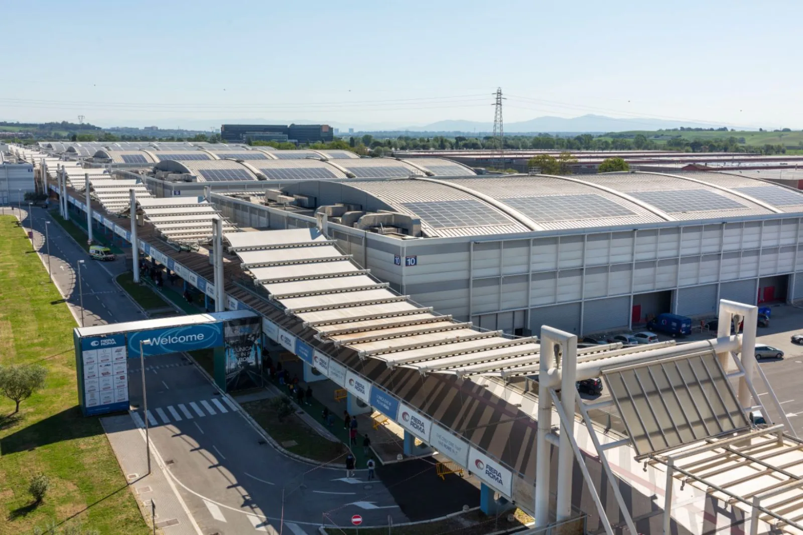 The entrance canopy and Fiera Roma signage at the Fiera di Roma exhibition centre